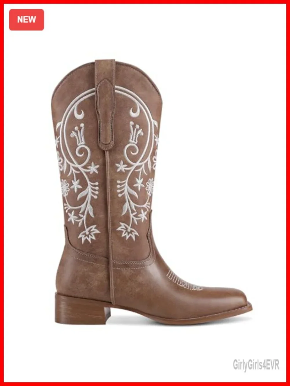 Women's Mid-Calf Cowboy Boots Square Toe Pull-On Low Chunky Heel PU Embroidery